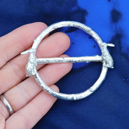 Two Resting Hares Scarf Ring, Oak Twig Circle, Handcast Pewter, Polished Finish