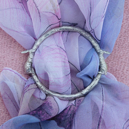 Two Resting Hares Scarf Ring, Oak Twig Circle, Handcast Pewter, Polished Finish