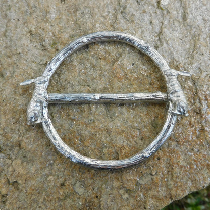 Two Resting Hares Scarf Ring, Oak Twig Circle, Handcast Pewter, Polished Finish