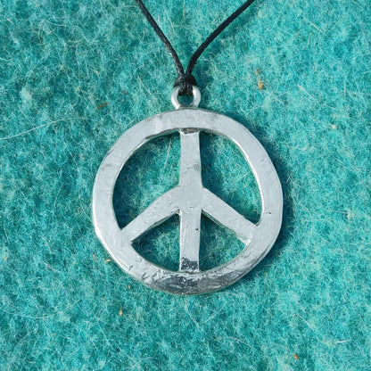 Peace Sign Pendant Necklace, Handcast Pewter Pendant on Adjustable Waxed Cord