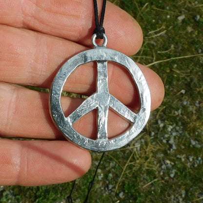 Peace Sign Pendant Necklace, Handcast Pewter Pendant on Adjustable Waxed Cord