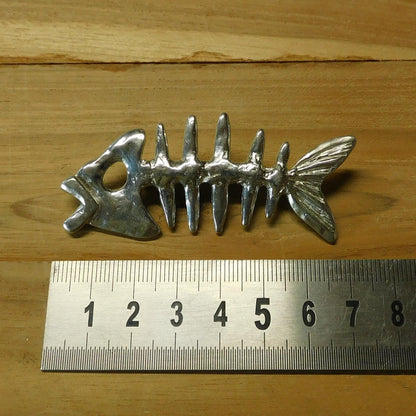 Fish Skeleton Brooch, Handcast Pewter Brooch, Polished Finish