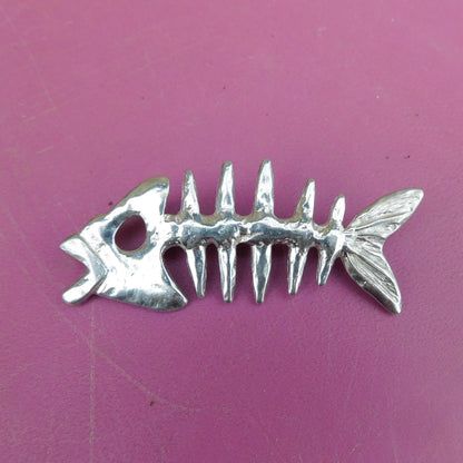 Fish Skeleton Brooch, Handcast Pewter Brooch, Polished Finish