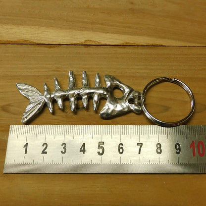 Fish Bone Pewter Keyring, Handmade Fish Lovers Keychain, Handcast Polished Pewter