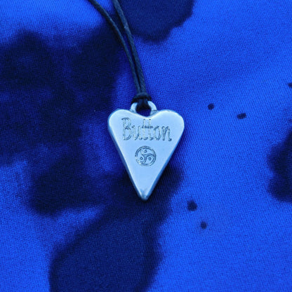 BDSM Heart Pendant engraved "Button" (Clit), or personalised with your word, handmade in Fine Pewter, adjustable cord, William Sturt