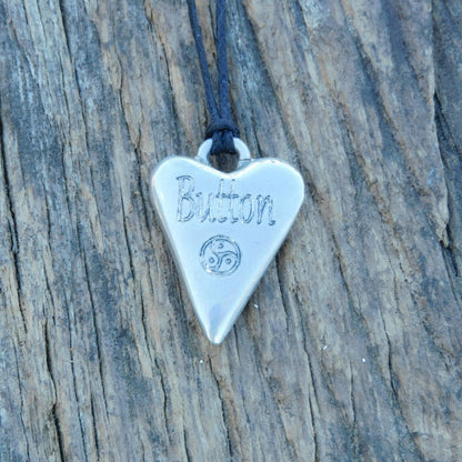 BDSM Heart Pendant engraved "Button" (Clit), or personalised with your word, handmade in Fine Pewter, adjustable cord, William Sturt