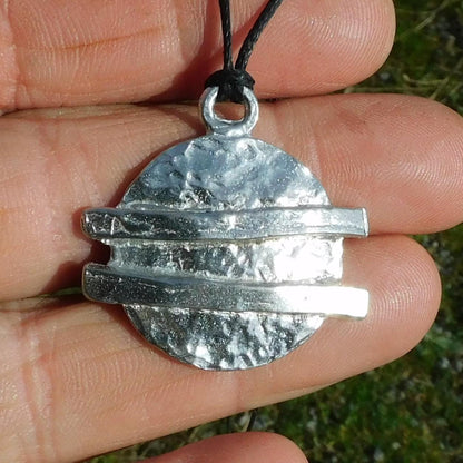 Textured Disc Pendant Necklace, Handcast Pewter Pendant on Adjustable Waxed Cord