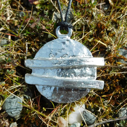 Textured Disc Pendant Necklace, Handcast Pewter Pendant on Adjustable Waxed Cord