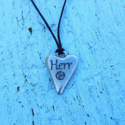 BDSM Heart Pendant engraved "Herr" (Master/Sir), Personalised Fine Pewter Necklace, Handmade Gift by William Sturt