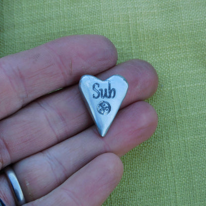 BDSM Pocket Heart "Sub", Pewter Token, Personalised Engraving, Discreet Intimate Gift Handmade by William Sturt