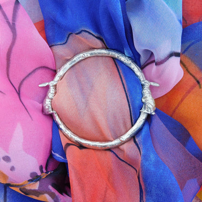 Two Resting Hares Scarf Ring, Oak Twig Circle, Handcast Pewter, Polished Finish