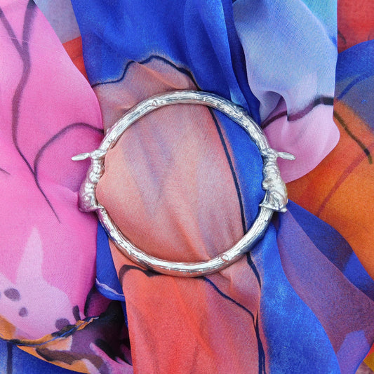 Two Resting Hares Scarf Ring, Oak Twig Circle, Handcast Pewter, Polished Finish