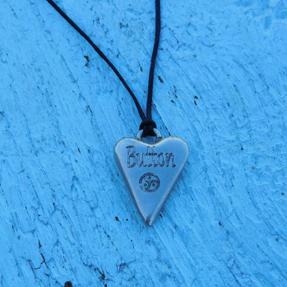 BDSM Heart Pendant engraved "Button" (Clit), or personalised with your word, handmade in Fine Pewter, adjustable cord, William Sturt