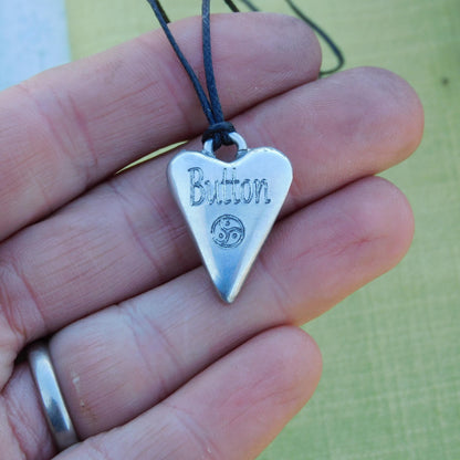 BDSM Heart Pendant engraved "Button" (Clit), or personalised with your word, handmade in Fine Pewter, adjustable cord, William Sturt