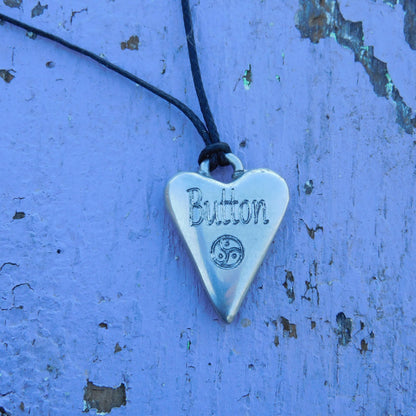 BDSM Heart Pendant engraved "Button" (Clit), or personalised with your word, handmade in Fine Pewter, adjustable cord, William Sturt