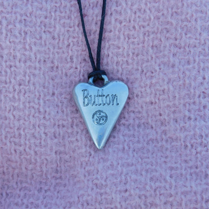 BDSM Heart Pendant engraved "Button" (Clit), or personalised with your word, handmade in Fine Pewter, adjustable cord, William Sturt