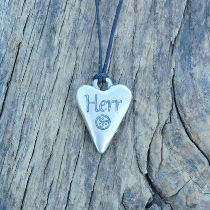 BDSM Heart Pendant engraved "Herr" (Master/Sir), Personalised Fine Pewter Necklace, Handmade Gift by William Sturt