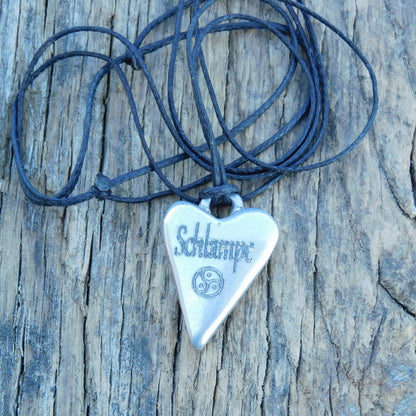 BDSM Heart Pendant engraved "Schlampe" (Slut), Personalised Fine Pewter Necklace, Handmade Gift by William Sturt