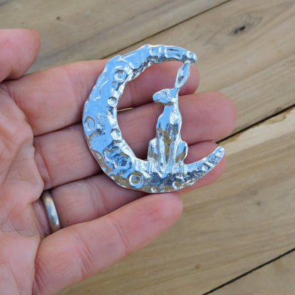 Hare Brooch (Crescent Moon, Front View), Handcast Pewter, Polished Finish