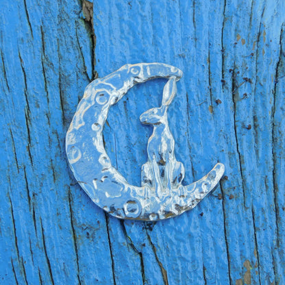 Hare Brooch (Crescent Moon, Front View), Handcast Pewter, Polished Finish