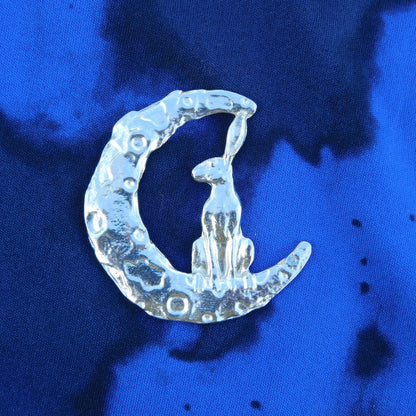 Hare Brooch (Crescent Moon, Front View), Handcast Pewter, Polished Finish