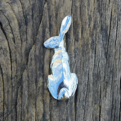 Sitting Hare Brooch, Handcast Pewter, Polished Finish