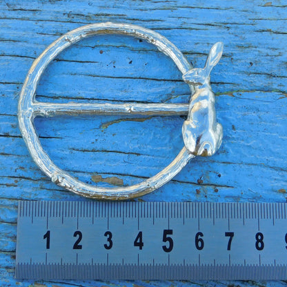Sitting Hare Scarf Ring (Hare on Right), Oak Twig Circle, Handcast Pewter, Polished Finish