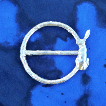 Sitting Hare Scarf Ring (Hare on Right), Oak Twig Circle, Handcast Pewter, Polished Finish
