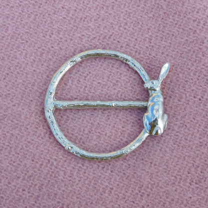 Sitting Hare Scarf Ring (Hare on Right), Oak Twig Circle, Handcast Pewter, Polished Finish