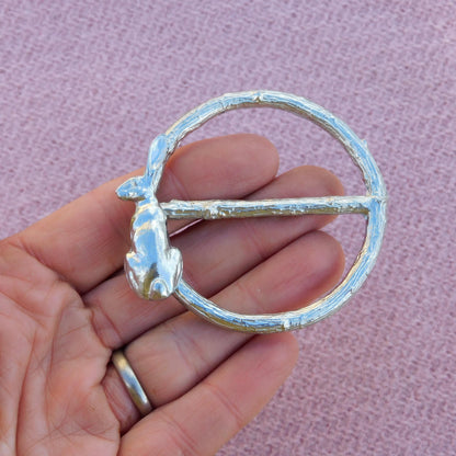 Sitting Hare Scarf Ring (Hare on Left), Oak Twig Circle, Handcast Pewter, Polished Finish