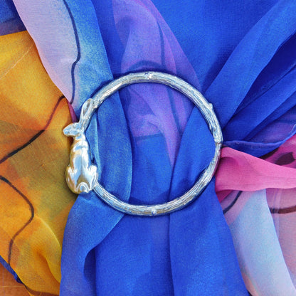 Sitting Hare Scarf Ring (Hare on Left), Oak Twig Circle, Handcast Pewter, Polished Finish