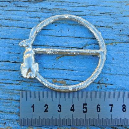 Sitting Hare Scarf Ring (Hare on Left), Oak Twig Circle, Handcast Pewter, Polished Finish