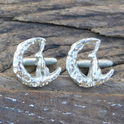 Hare and Moon Cufflinks, Handcast Pewter Cufflinks, Polished Finish
