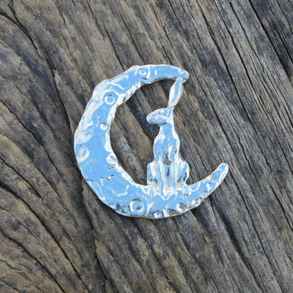 Hare Brooch (Crescent Moon, Front View), Handcast Pewter, Polished Finish