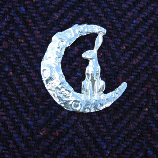Hare and Moon Brooch (Front View), Handcast Pewter, Polished Finish