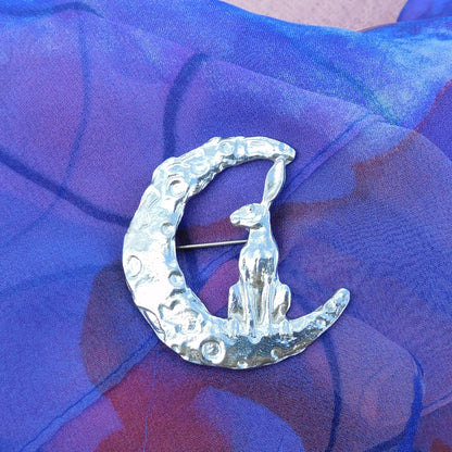 Hare Brooch (Crescent Moon, Front View), Handcast Pewter, Polished Finish