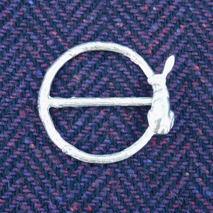 Sitting Hare Scarf Ring (Hare on Right), Oak Twig Circle, Handcast Pewter, Polished Finish