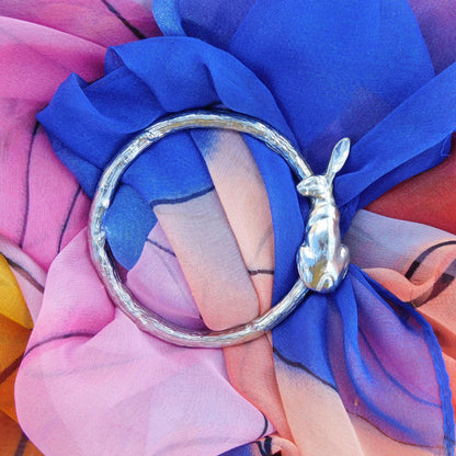 Sitting Hare Scarf Ring (Hare on Right), Oak Twig Circle, Handcast Pewter, Polished Finish