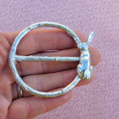 Sitting Hare Scarf Ring (Hare on Right), Oak Twig Circle, Handcast Pewter, Polished Finish