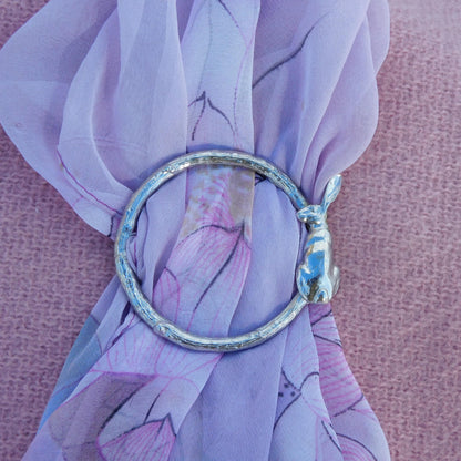 Sitting Hare Scarf Ring (Hare on Right), Oak Twig Circle, Handcast Pewter, Polished Finish
