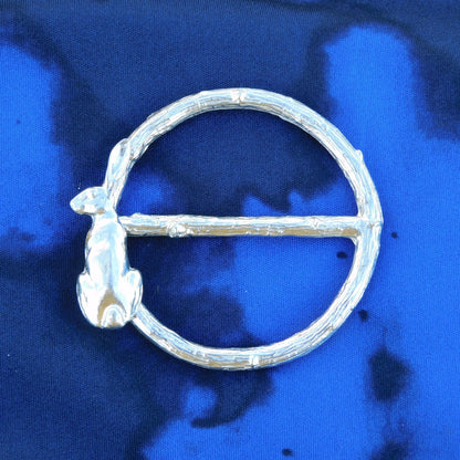 Sitting Hare Scarf Ring (Hare on Left), Oak Twig Circle, Handcast Pewter, Polished Finish