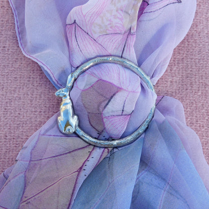 Sitting Hare Scarf Ring (Hare on Left), Oak Twig Circle, Handcast Pewter, Polished Finish
