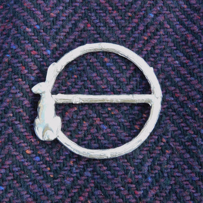 Sitting Hare Scarf Ring (Hare on Left), Oak Twig Circle, Handcast Pewter, Polished Finish