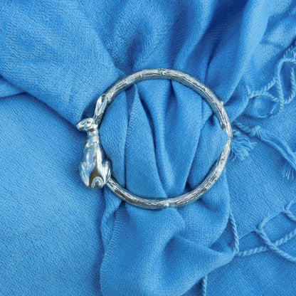 Sitting Hare Scarf Ring (Hare on Left), Oak Twig Circle, Handcast Pewter, Polished Finish