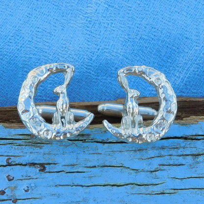 Hare and Moon Cufflinks (Forward Facing), Handcast Pewter Cufflinks, Polished Finish