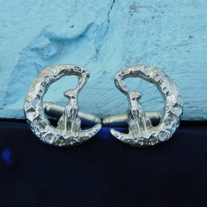 Hare and Moon Cufflinks (Forward Facing), Handcast Pewter Cufflinks, Polished Finish