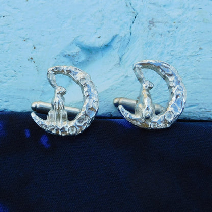 Hare and Moon Cufflinks, Handcast Pewter Cufflinks, Polished Finish