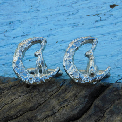 Hare and Moon Cufflinks, Handcast Pewter Cufflinks, Polished Finish