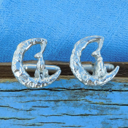 Hare and Moon Cufflinks, Handcast Pewter Cufflinks, Polished Finish