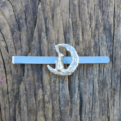 Hare and Moon Tie Clip (Rear Facing Hare), Handcast Pewter Tie Clip, Polished Finish